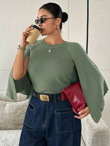 Dazy Plus Brown Loose Shawl Collar Business Casual Fashion Street Commute Elegant Pullover Sweater - Army Green - View 4