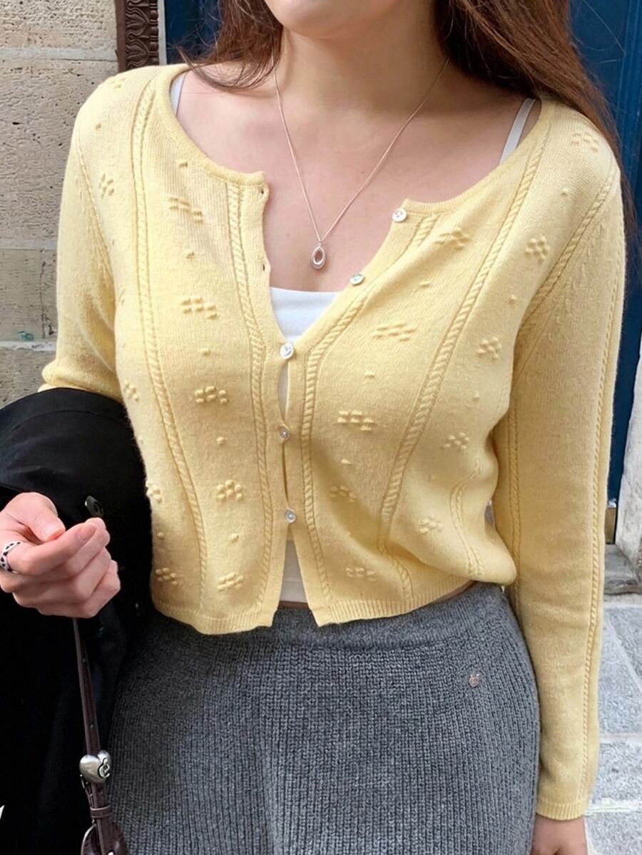 Dazy Plus Plus Size Korean Style Spring/Autumn Jacquard Button Long Sleeve Knit Cardigan - Yellow - View 1