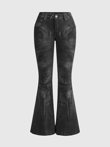 ROMWE Autumn/Winter Y2K Street Style Zipper Transformable Ultra Low Waist Skinny Distressed Mottled Print Slim Fit Straight Leg Flared Jeans - Black - View 1