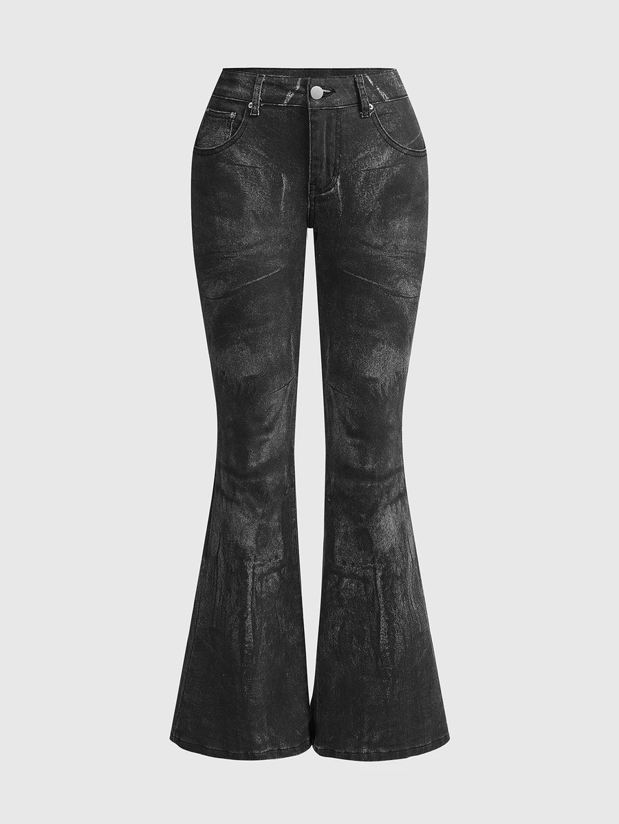 ROMWE Autumn/Winter Y2K Street Style Zipper Transformable Ultra Low Waist Skinny Distressed Mottled Print Slim Fit Straight Leg Flared Jeans - Black - View 1