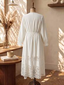 Rusticease Plus Size Women's Contrast Lace V-Neck Long Sleeve Elegant Dress - Apricot - View 4