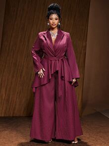 Maweii Plus Size Sexy Burgundy Striped Asymmetrical Hem Blazer And Pants Set - Burgundy - View 2