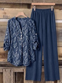 Rusticease Blue Blouse Autumn Clothes For Women Fall Winter 2026 Women's Plant Print Rolled Sleeve Shirt And Long Pants Casual 2 Pieces Set 2 Pieces Set Woman - Multicolor - View 5