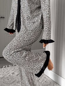 SHEIN Women's Cottonline Leopard Print Ruffle Trim Contrast Button Front Long Sleeve Casual Modest Pajama Set Lounge Sleep Grey Leopard Print Autumn - Multicolor - View 4