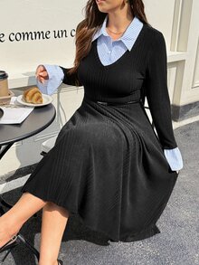 Vionelle Plus Size Women's 2 In 1 Contrast Color Knit Ribbed Patchwork Striped Collar Bell Sleeve Slimming Flattering Long A-Line Dress Autumn Winter - Black - View 5