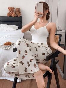 Napfluff Lace Patchwork Sexy Women Pajama Set Christmas Teddy Bear Print Casual Loungewear - Apricot - View 6