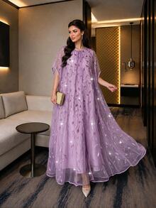 Auveirra Plus Size Women's Leaf Embroidery Pattern Casual Party Dress - Purple - View 1