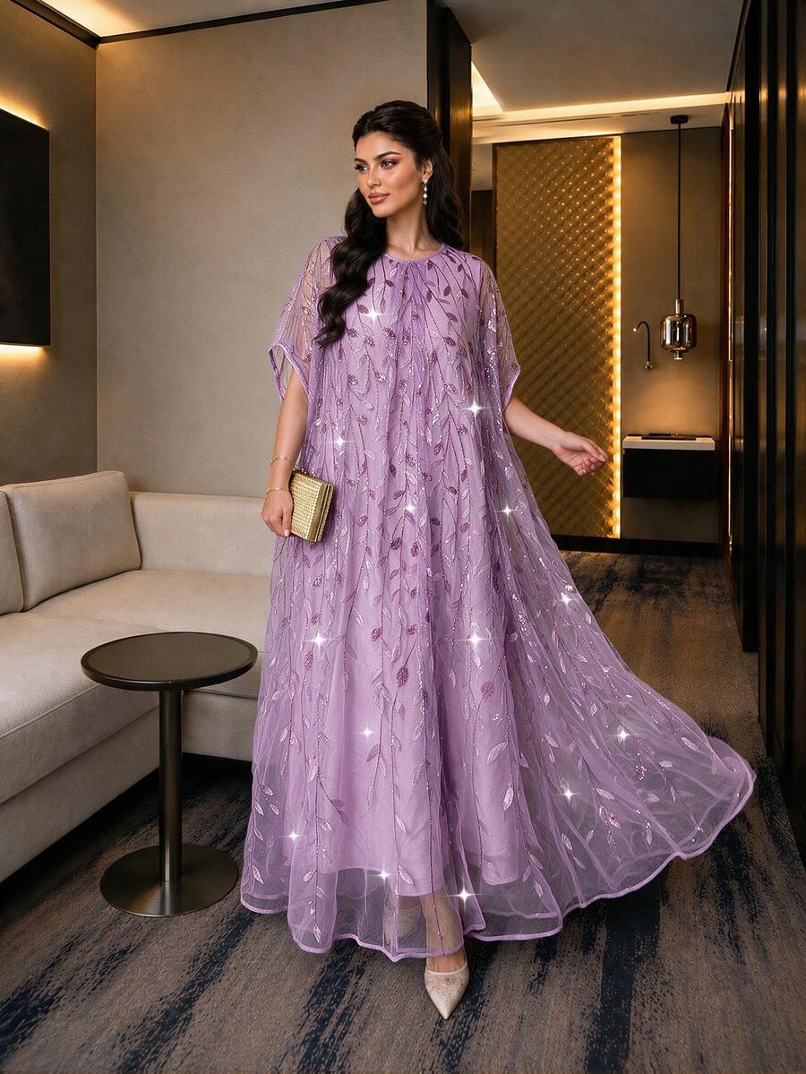 Auveirra Plus Size Women's Leaf Embroidery Pattern Casual Party Dress - Purple - View 1
