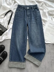 SHEIN Celana Panjang Denim Biru Tua Longgar dengan Lipatan di Bagian Bawah untuk Remaja Perempuan - Biru - View 1