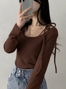 DAZY Women's Lace-Up Asymmetric Shoulder Solid Color Long Sleeve 2 In 1 T-Shirt - Coffee Brown - View 2