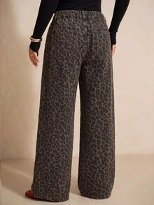 SHEIN MOD Plus Size Women's Leopard Print Casual Daily Wide Leg Denim Jeans - Brown - View 2
