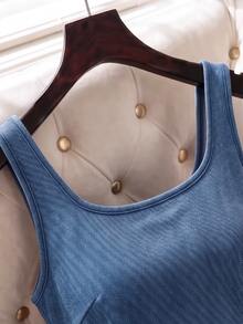 SHEIN MOD Women's Square Neck Pleated Fitted Sleeveless Casual Denim Dress - Blue - View 7