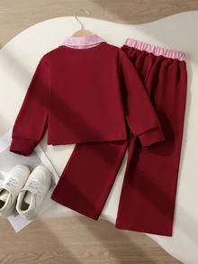 SHEIN Elladie kids 女童白色粉色 2 件套，長袖衛衣領拼接設計，羅紋袖口，寬腿褲，春秋穿著，7 歲生日秋季款 - 紅色 - 查看 2