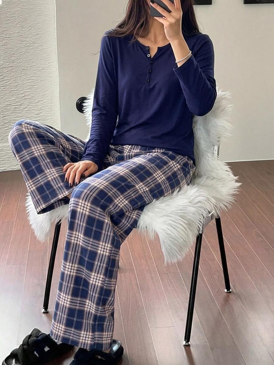 1 Set Girls' Plaid Pajama Set, Navy Blue Solid Color Half-Button Top, Blue & White Classic Plaid Print Pants, Soft Skin-Friendly Woven Fabric, Smooth Drape Comfortable (1 Set Sold Separately) - Multicolor - View 1