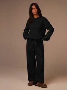 Athîral Setelan Sweatshirt Lengan Panjang dan Celana Panjang Warna Polos untuk Wanita - Hitam - View 3