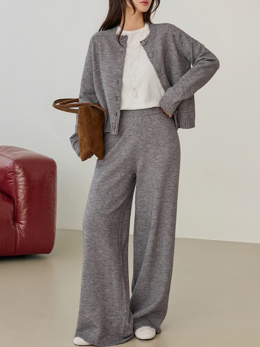 Dazy-Less Women's Solid Color Long Sleeve Top And Pants Casual Daily Knit Two Pieces Set - Dark Grey - View 1