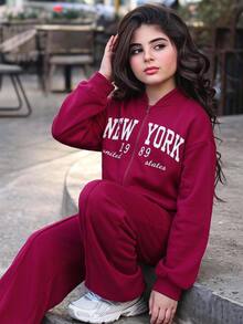 Kids Tween Girl 1pc Letter Graphic Zip Up Thermal Lined Bomber Autumn Winter Jacket & 1pc Wide Leg Sweatpants Set - Burgundy - View 6