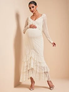 MaterniChic Vestido suave con volantes texturizados para maternidad - Albaricoque - Ver 6