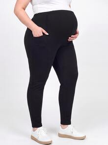 Plussiva Plus Size Maternity Solid Color Casual Everyday Pants With Pockets Fall - Black - View 5