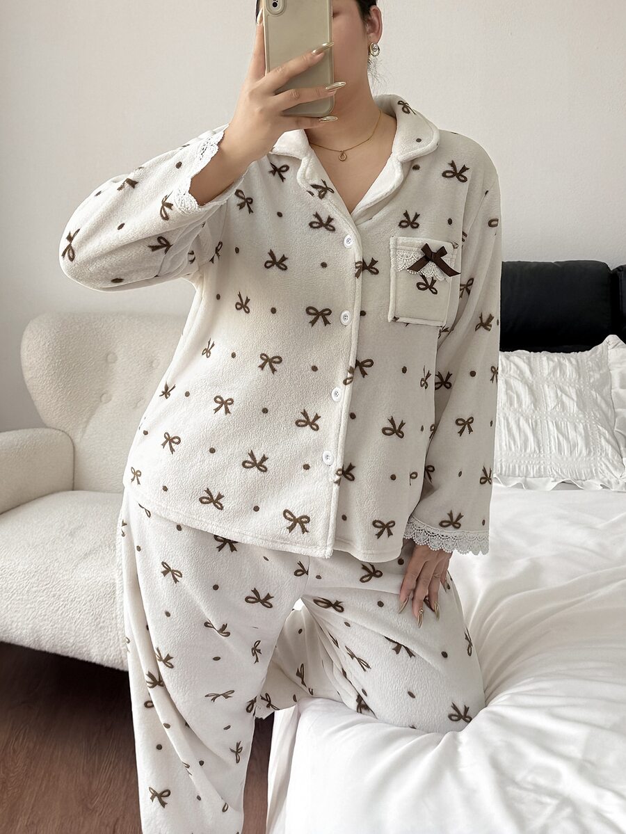Napfluff CURVE Napfluff CURVE Plus Size Women Sweet Bow Print Coral Fleece Pajama Set - Multicolor - View 1