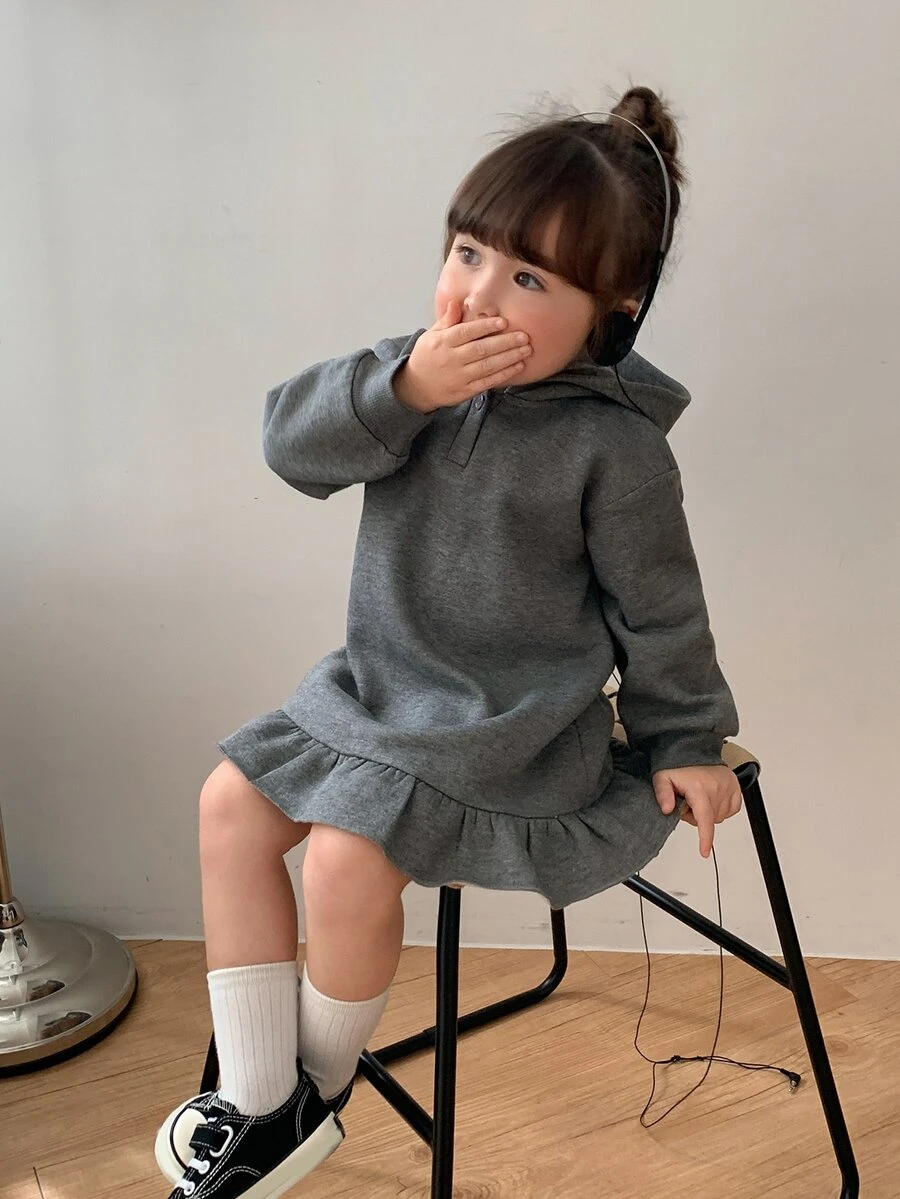 DAZY Baby Girl Solid Color Casual Daily Summer Hooded Dress - Grey - View 1