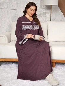 Lacomfia Knitted Dark Red Dress Casual Daily Versatile Loose Long Sleeve Patchwork Lace Trim Button Design Comfortable Home Wear Plus Size Dress - Red - View 4