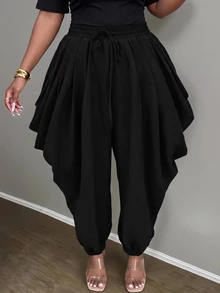 Slaydiva Plus Size Women's Pants, Olive Drawstring Side Draped Cuffed Harem Trousers Fall - Black - View 10