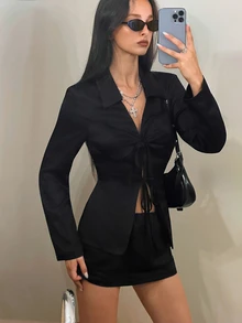EgrlEra 女款純色前綁帶長袖襯衫與緊身裙性感兩件套 - 黑色 - 查看 3