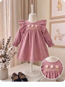 SHEIN Baby Girl Cute Casual Pink Corduroy Floral Pattern Dress - Pink - View 3