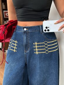 Rivivi 大尺碼女款復古寬腿牛仔褲，適合約會、度假、派對、日常出遊、聚會、戶外活動 - 藍色 - 查看 4