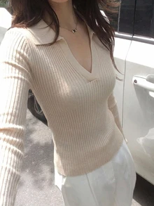 DAZY 女款素色休閒日常長袖針織衫 - 淡黃色 - 查看 6