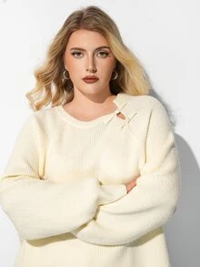 Maija كنزة نسائية مقاس كبير بلون موحد كاجوال للاستخدام اليومي بأكمام طويلة - لون مشمشي - مشاهدة 2