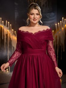 Glamrae Plus Size Elegant Luxurious Burgundy Mesh & Lace Patchwork Off-Shoulder Ruched Slimming Flowy A-Line Maxi Dress Suitable For Prom Wedding Events Bachelorette Party Fashion Evening Gala Bridesmaid Formal Evening Gown - Burgundy - View 4