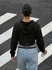 Muchica Cropped Casual Minimalist Hooded Short Loose Fit Women's Sweatshirt Suitable For Layering - Black - View 2
