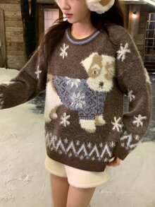 DAZY Brown Round Neck Christmas Colorblock Knit Loose Fit Long Sleeve Elegant Gentle Versatile Sweater For Women Winter - Coffee Brown - View 4