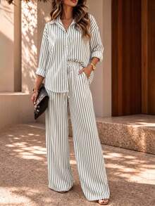 Trelyra Women's Striped Drop Shoulder Single-Breasted Shirt And Long Pants Casual Two Pieces Set - Black and White - View 2