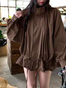 DAZY Women's Lapel Collar Hollow Out Fresh Style Ruffle Trim Thin Jacket Fall - Coffee Brown - View 5