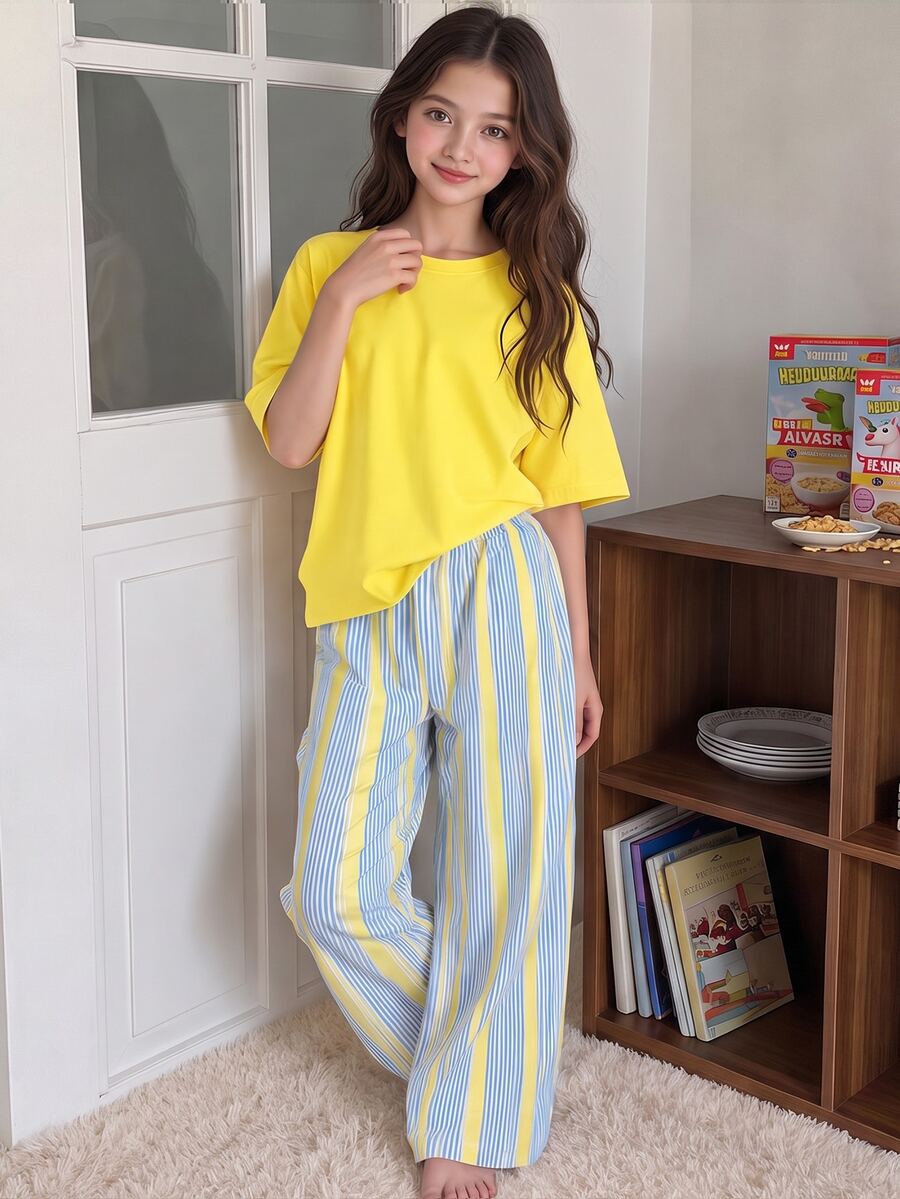 少女休閒甜美風極簡條紋圓領短袖長褲家居服套裝,適合日常居家穿著,舒適自在,休閒時尚女孩子風格 - 彩色 - 查看 1
