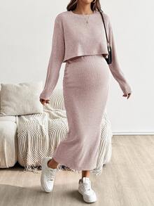 SHEIN 孕婦純色圓領短袖上衣與裙子兩件套 - 藕粉色 - 查看 4