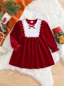 SHEIN Infant Toddler Vintage Velvet Santa Style Dress Baby Holiday Party Outfit Christmas Autumn Winter Dress - Red - View 3