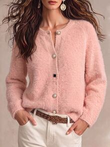SHEIN كارديجان محبوك من الصوف الناعم بقصة فضفاضة متعددة الاستخدامات بصف واحد من الأزرار - وردي - مشاهدة 7