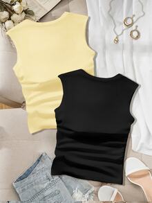 Shapeblank 休閒 2 件組加寬肩帶黑色與奶油黃腰部抓褶背心，修身大尺碼女款細肩帶背心與馬甲，適合春夏穿著 - 彩色 - 查看 2