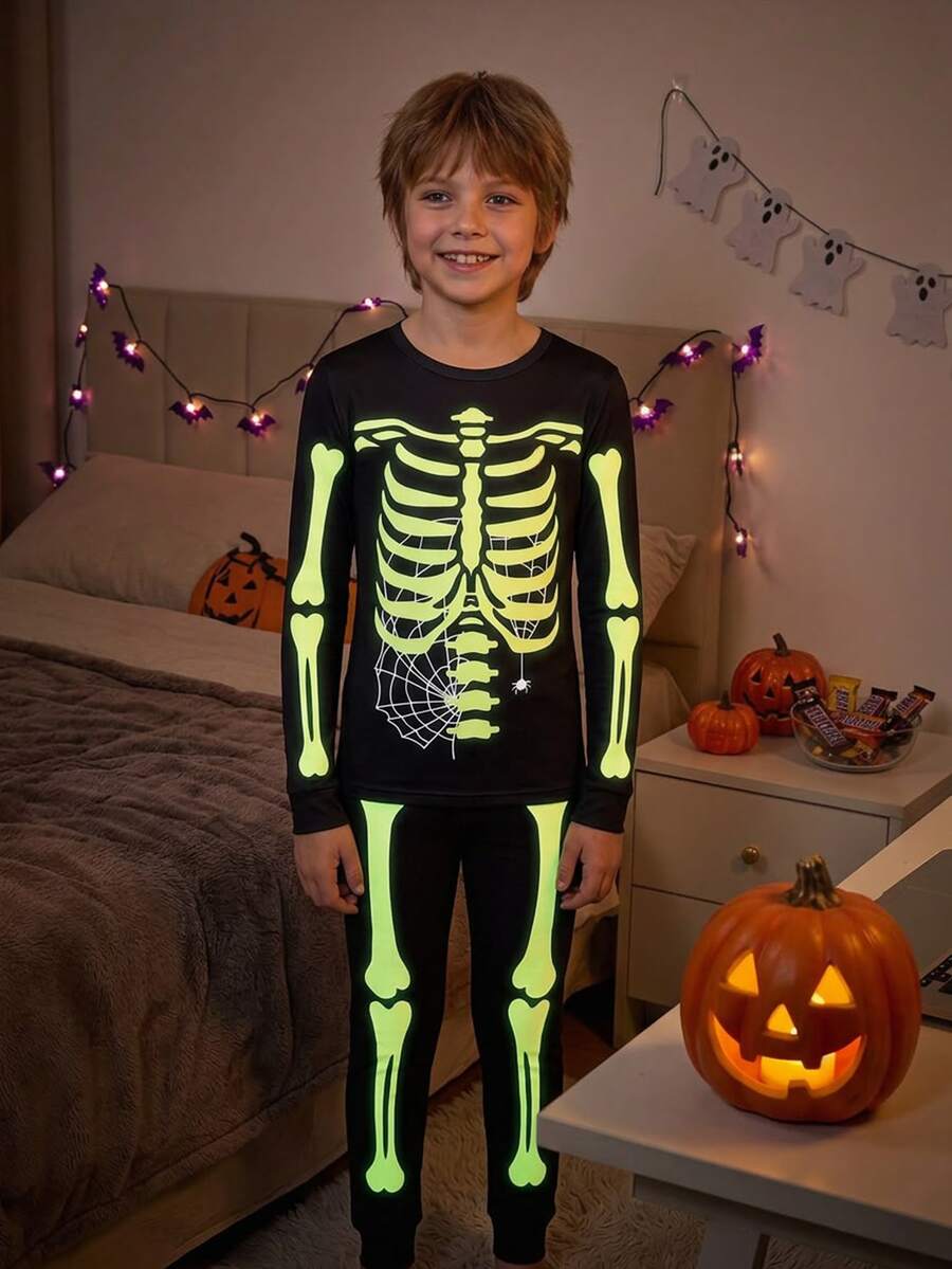 Kids 2pcs Set Teen Boys Casual Night Vision Fluorescent Skeleton Pattern Tight Pajama Set, Suitable For Autumn/Winter Halloween Wear - Black - View 1