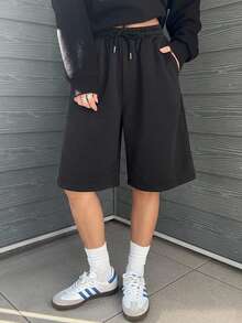 Dazy Tall Women's Elastic Waist Drawstring Loose Straight Leg Solid Black Casual Sports Shorts - Black - View 6