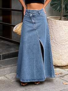 Dazy Tall Women's Asymmetrical Waist Design Split Long Casual Skirt - Medium Wash - View 2