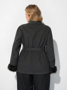Plus Size Women's Knotted Waist Casual Daily Overcoat - Grey - View 2