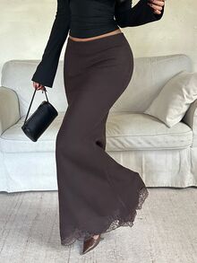 Aloruh Women's Autumn/Winter Brown Lace Patchwork Fitted Mermaid Sweater Dress - Brown - View 4