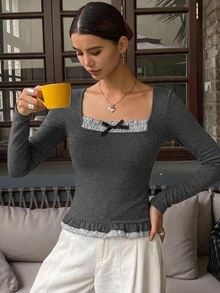 DAZY Women's Dark Gray Square Neck Bowknot Ruffle Trim Fitted Long Sleeve Sweet Short T-Shirt - Black - View 8