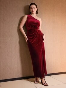 MOTF PREMIUM AUTUMN/WINTER PARTY VELVET ASYMMETRICAL SHOULDER CUTOUT METAL CHAIN DECOR LONG SLIT DRESS - Burgundy - View 7