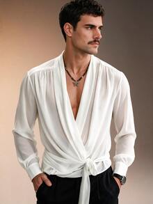 ZURIURI Men's Flowy Tie-Neck Elegant Luxury Long Sleeve Shirt - White - View 4